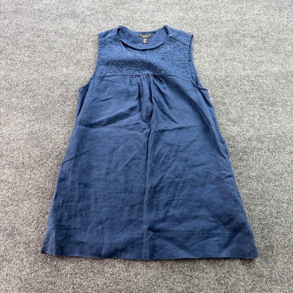Willi Smith Linen Tunic‎ Top Blue Floral Embroidered Sleeveless Tank M Womens